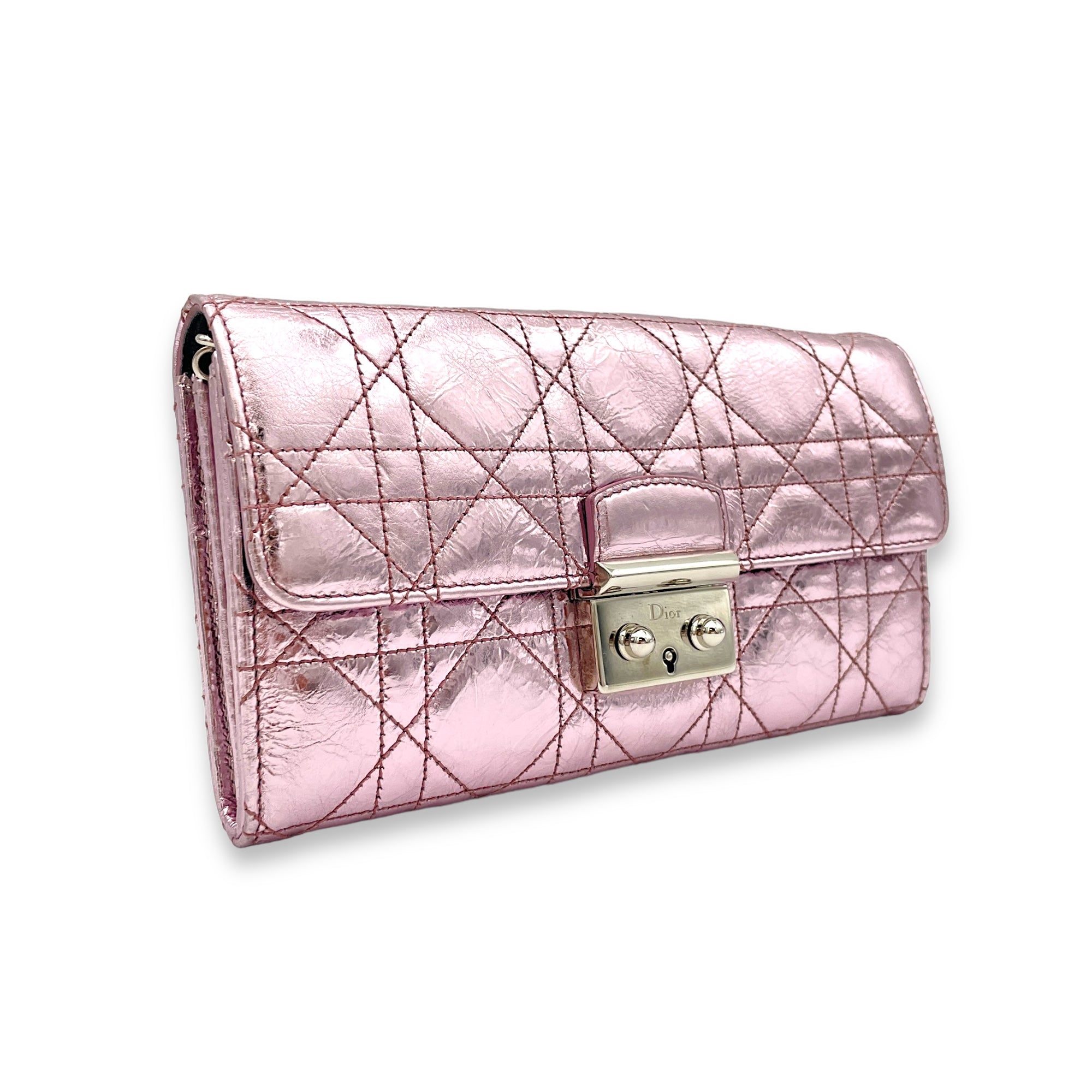 Miss Dior Metallic Pink Wallet On Chain in Calfskin, Silver hardware