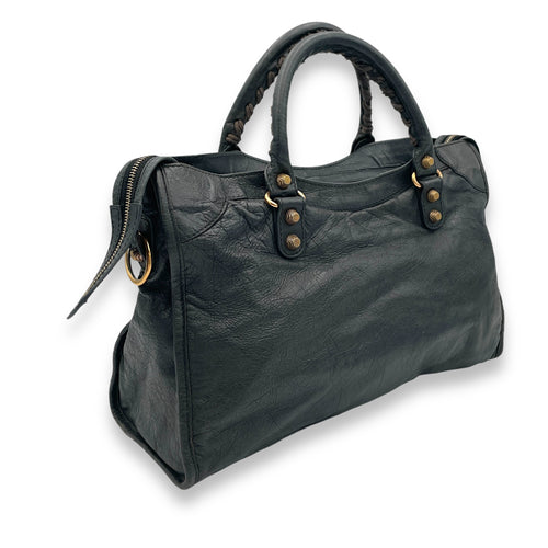 City Medium Dark Grey Shoulder Bag in Distressed Leather, Gold hardware