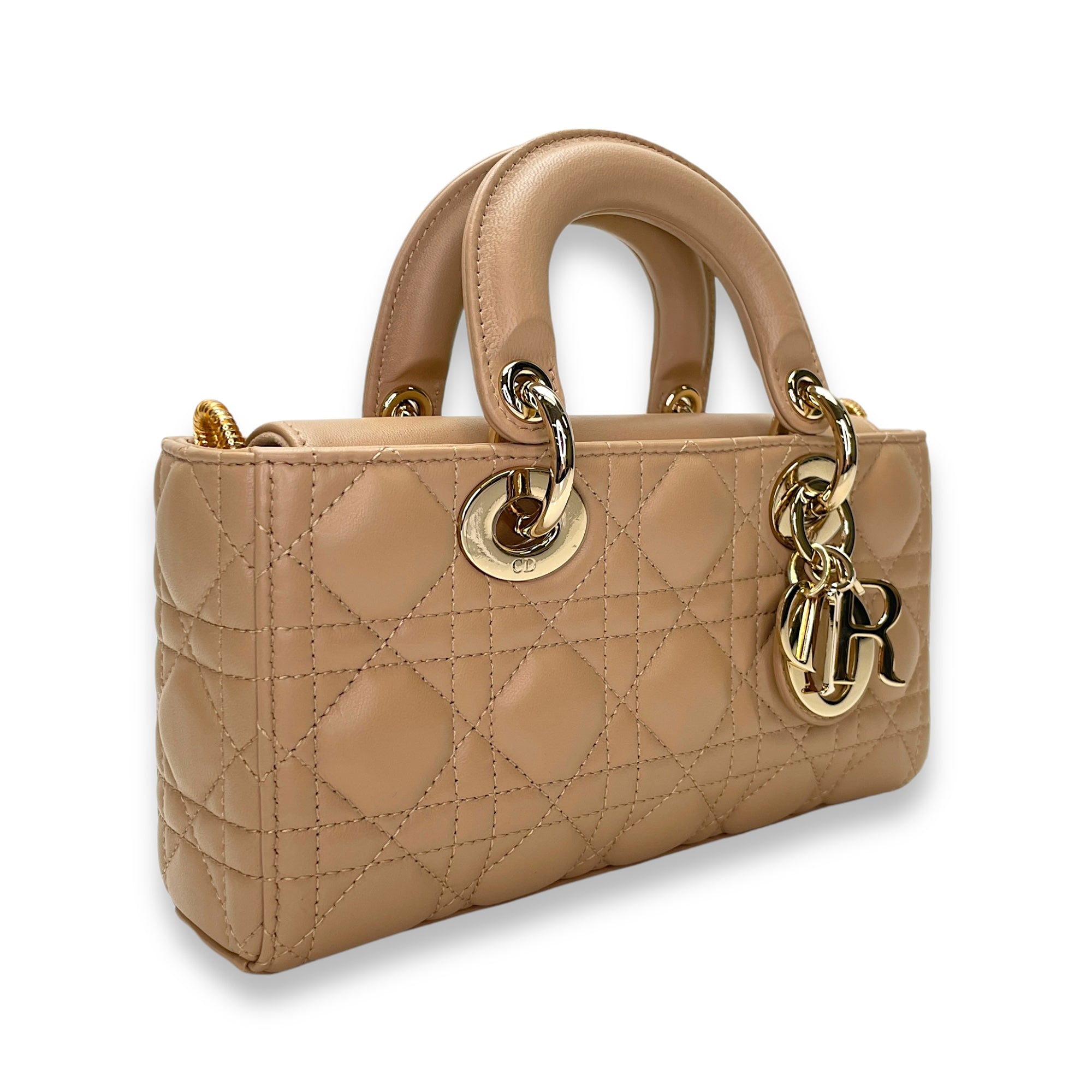 Lady D-Joy Small Beige Top Handle Bag in Lambskin, Gold hardware