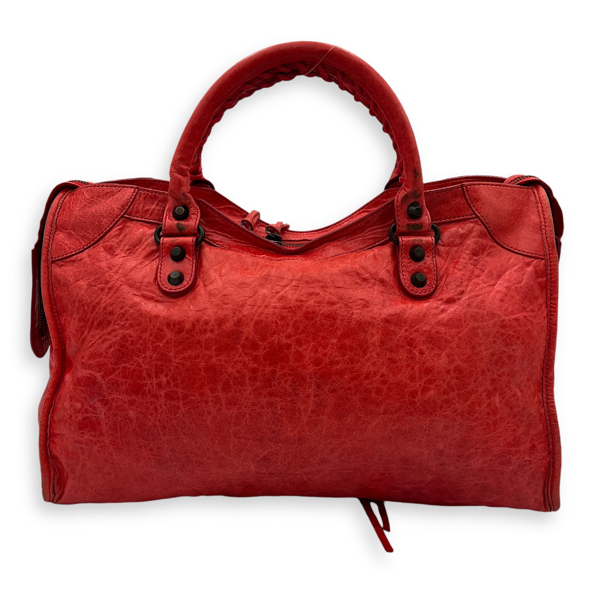 City Top Handle Bag Medium Red in Distressed Leather, Ruthenium hardware