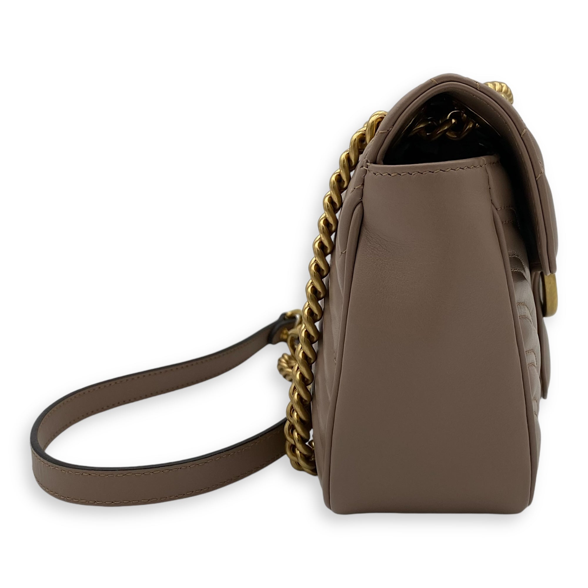 GG Marmont Small Beige Shoulder Bag in Calfskin, Gold hardware