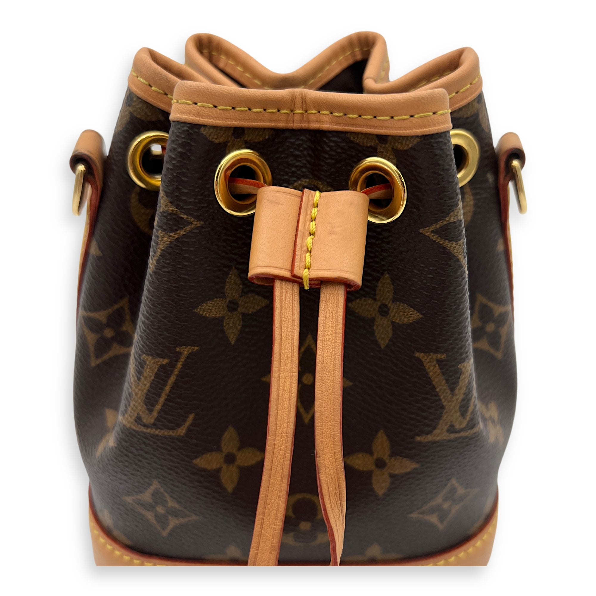 Noe Top Handle Bag Nano Brown in Monogram Coated Canvas, Gold hardware