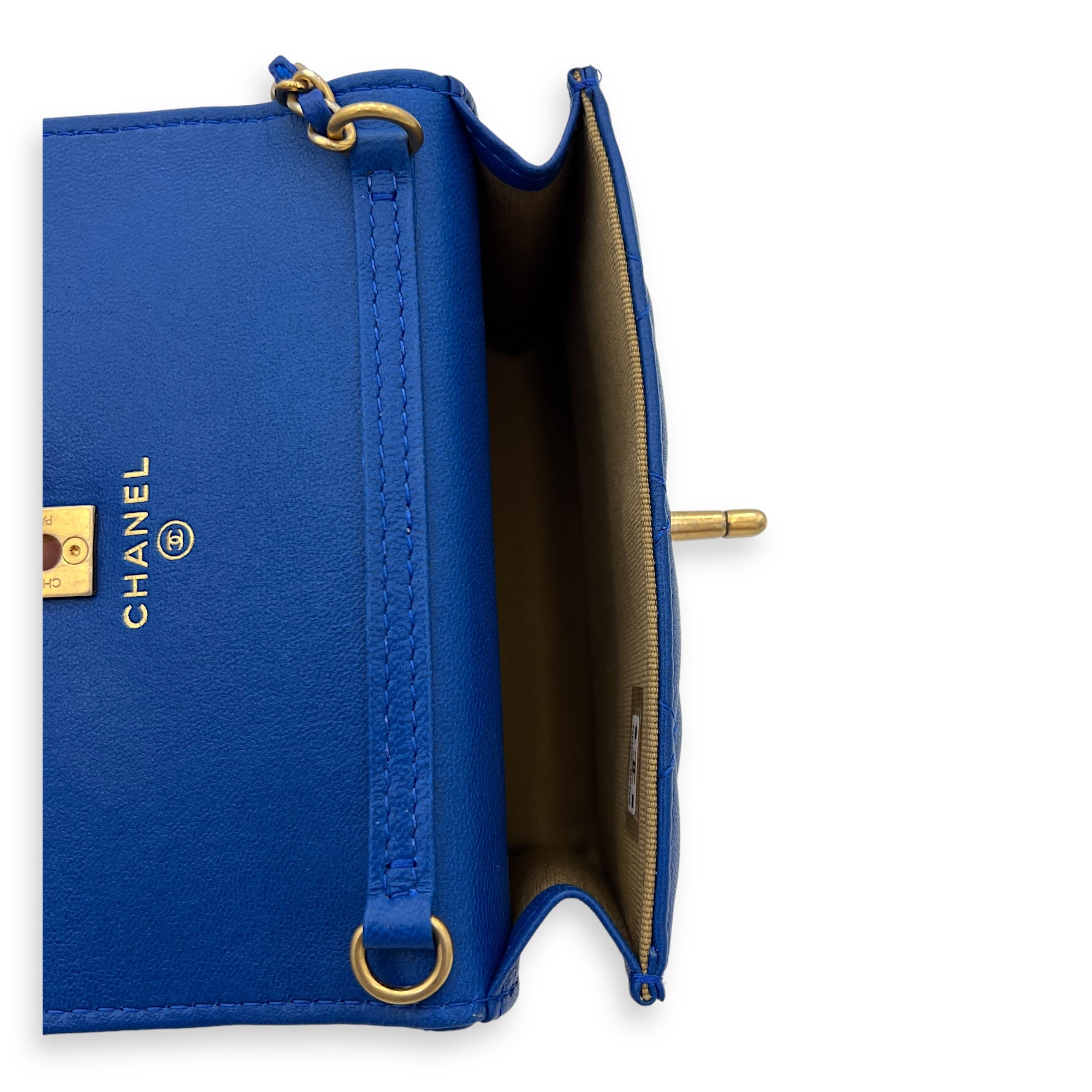 Pearl Crush Mini Blue Wallet On Chain in Calfskin, Gold hardware