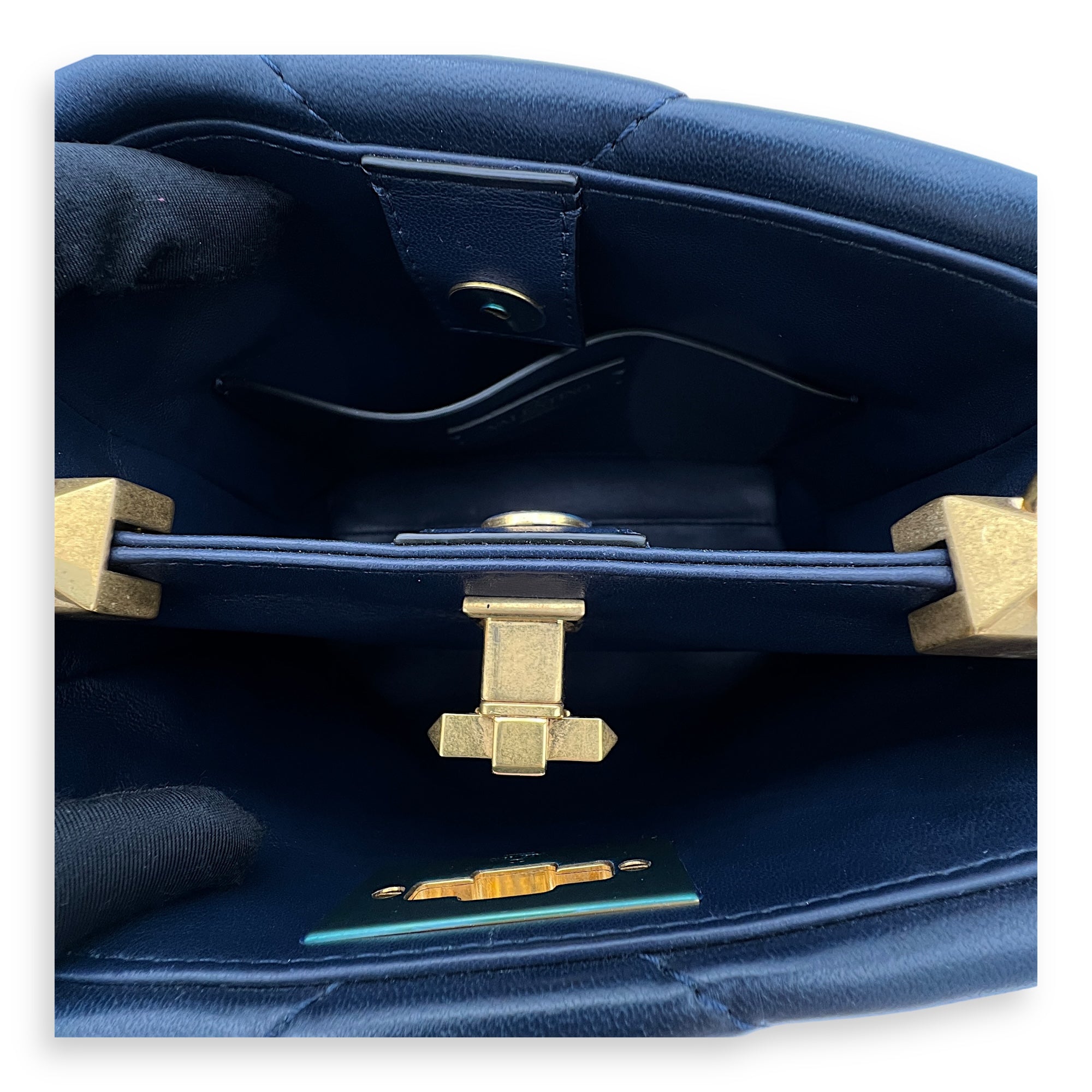 Roman Stud Top Handle Bag Small Navy in Calfskin, Gold hardware