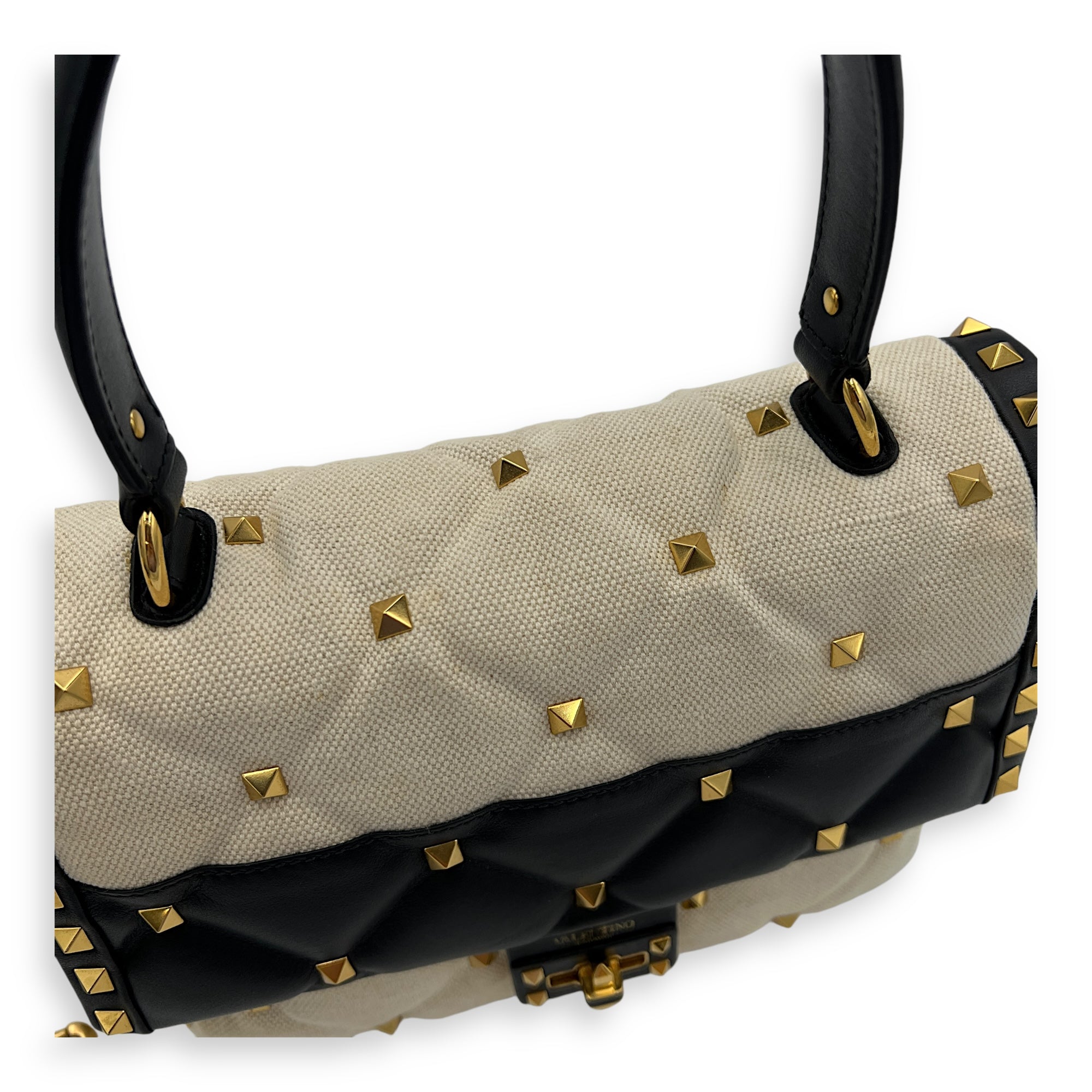 Rockstud White Top Handle Bag in Canvas, Gold hardware