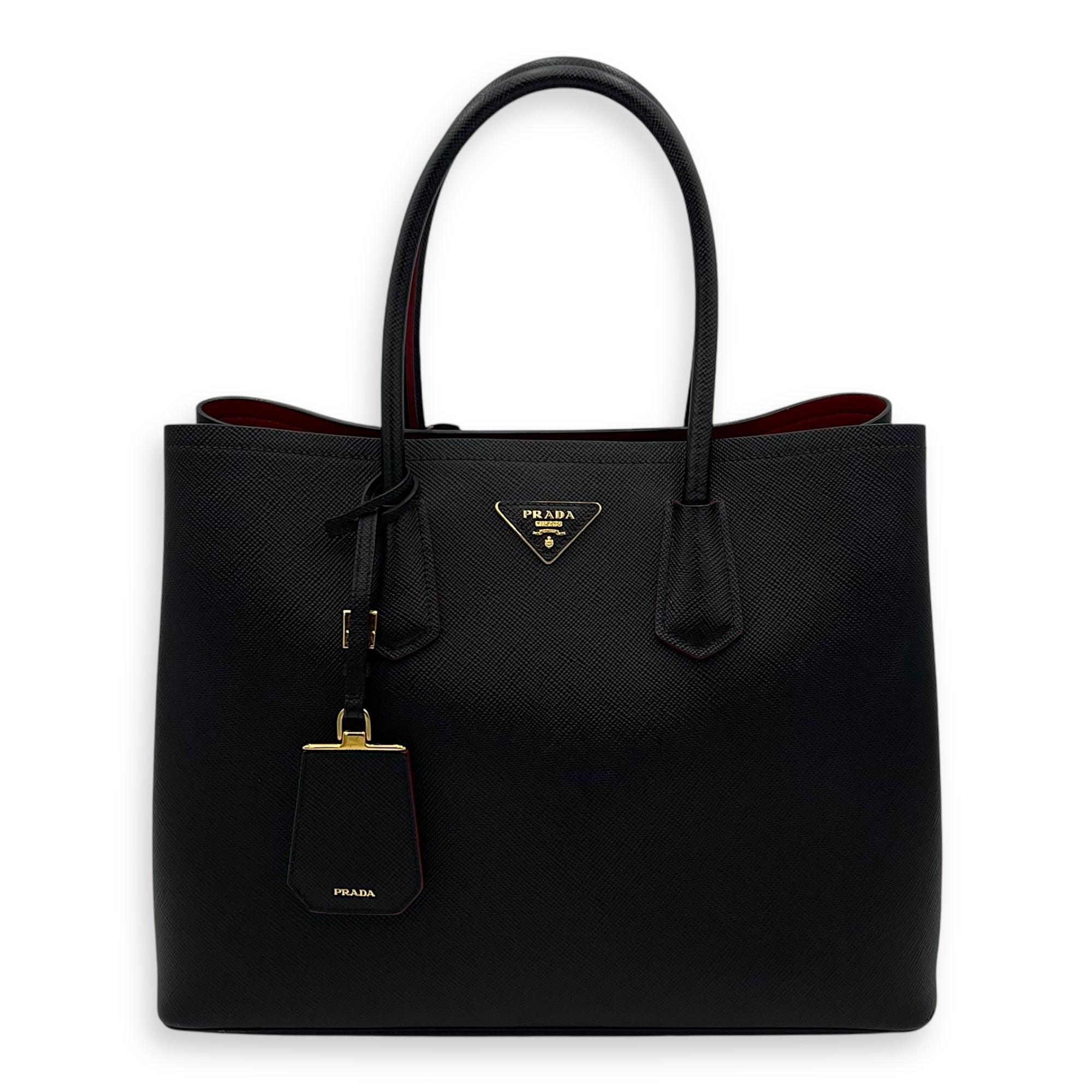 Prada Double Top Handle Bag Black in Saffiano Leather, Gold hardware_1