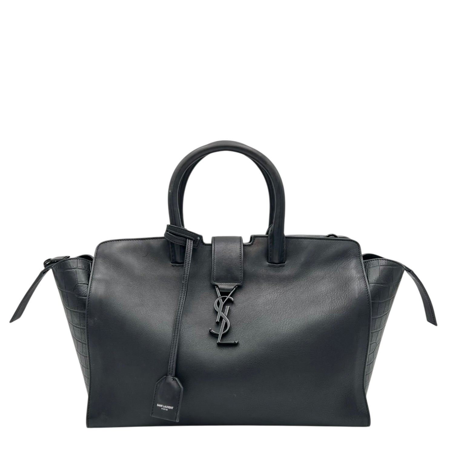 Saint Laurent Cabas Top Handle Bag Black in Calfskin, Lacquered Metal hardware_1