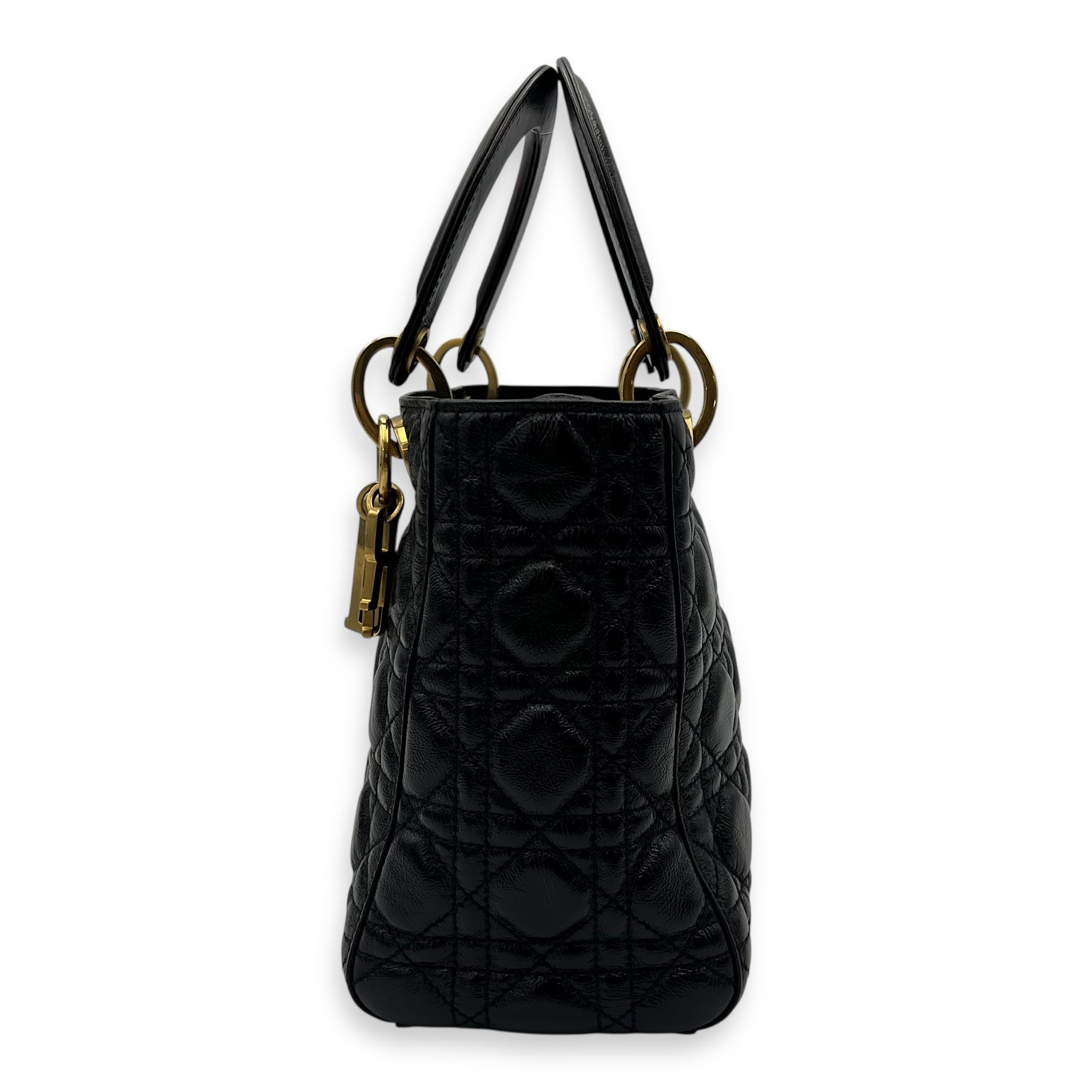 Christian Dior Lady Dior Top Handle Bag Medium Black in Calfskin, Gold hardware_3