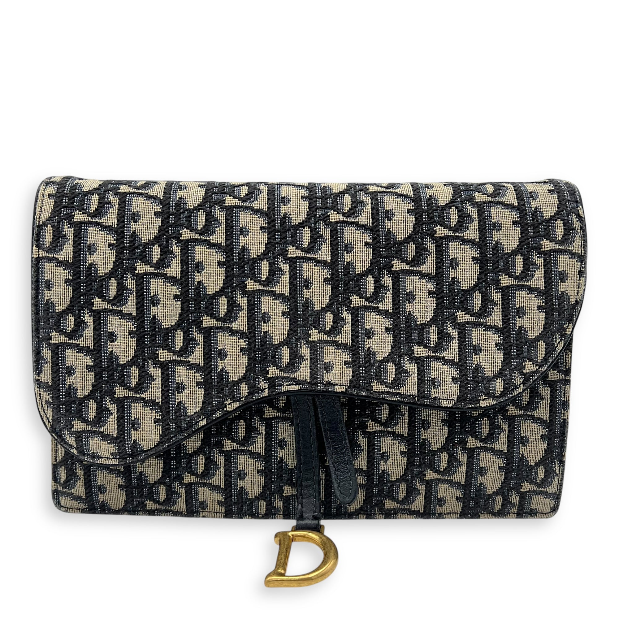 Christian Dior Saddle Wallet On Chain Blue in Jacquard, Gold hardware_1