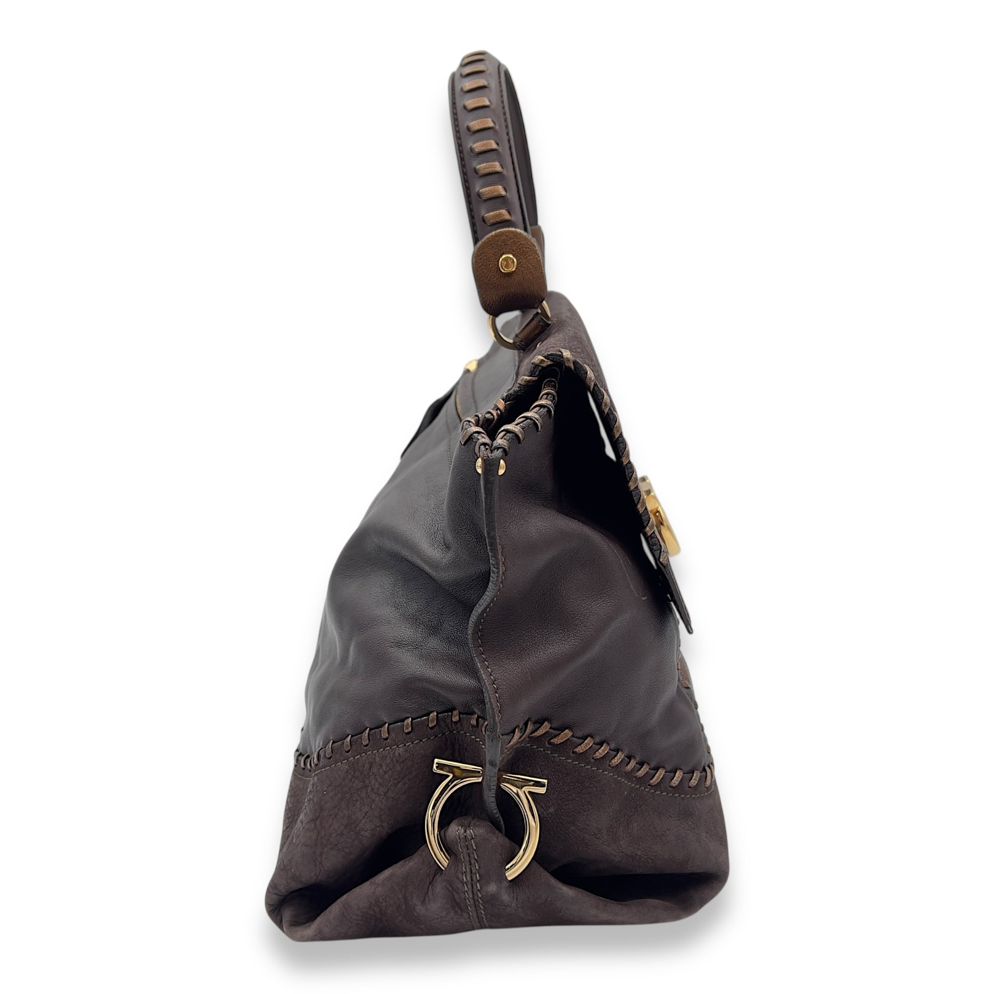 Ferragamo Tote Top Handle Bag Medium Brown in Calfskin, Gold hardware_3