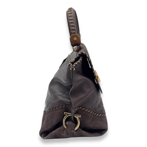 Ferragamo Tote Top Handle Bag Medium Brown in Calfskin, Gold hardware_3