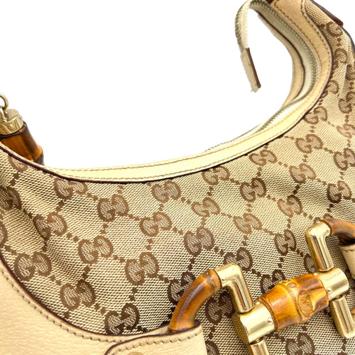 Bamboo Horsebit White Shoulder Bag in Jacquard, Light Gold hardware