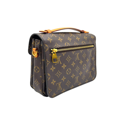 Metis MM Brown Top Handle Bag in Monogram Coated Canvas, Gold hardware