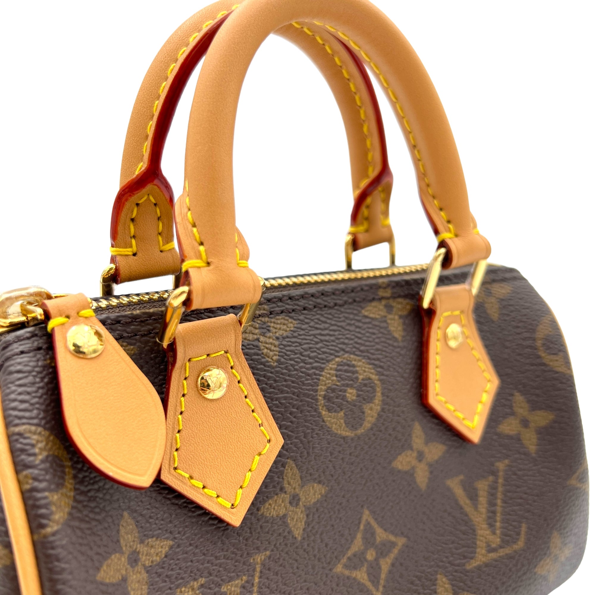 Speedy Nano Brown Top Handle Bag in Monogram Coated Canvas, Gold hardware