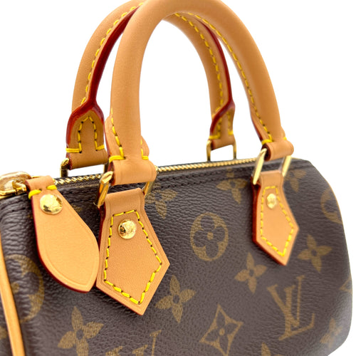 Speedy Nano Brown Top Handle Bag in Monogram Coated Canvas, Gold hardware