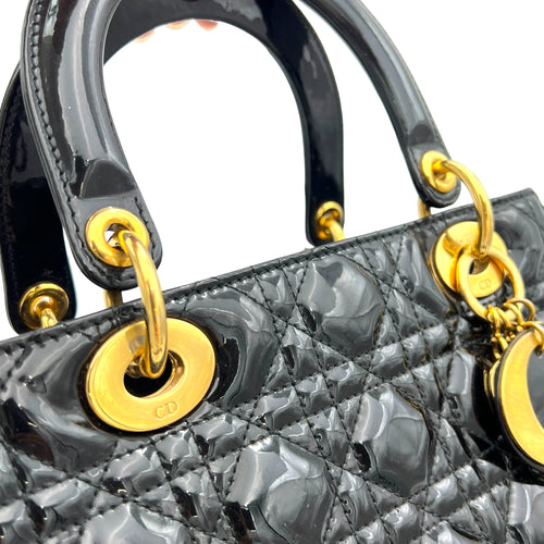 Lady Dior Medium Black Top Handle Bag in Patent Leather, Gold hardware