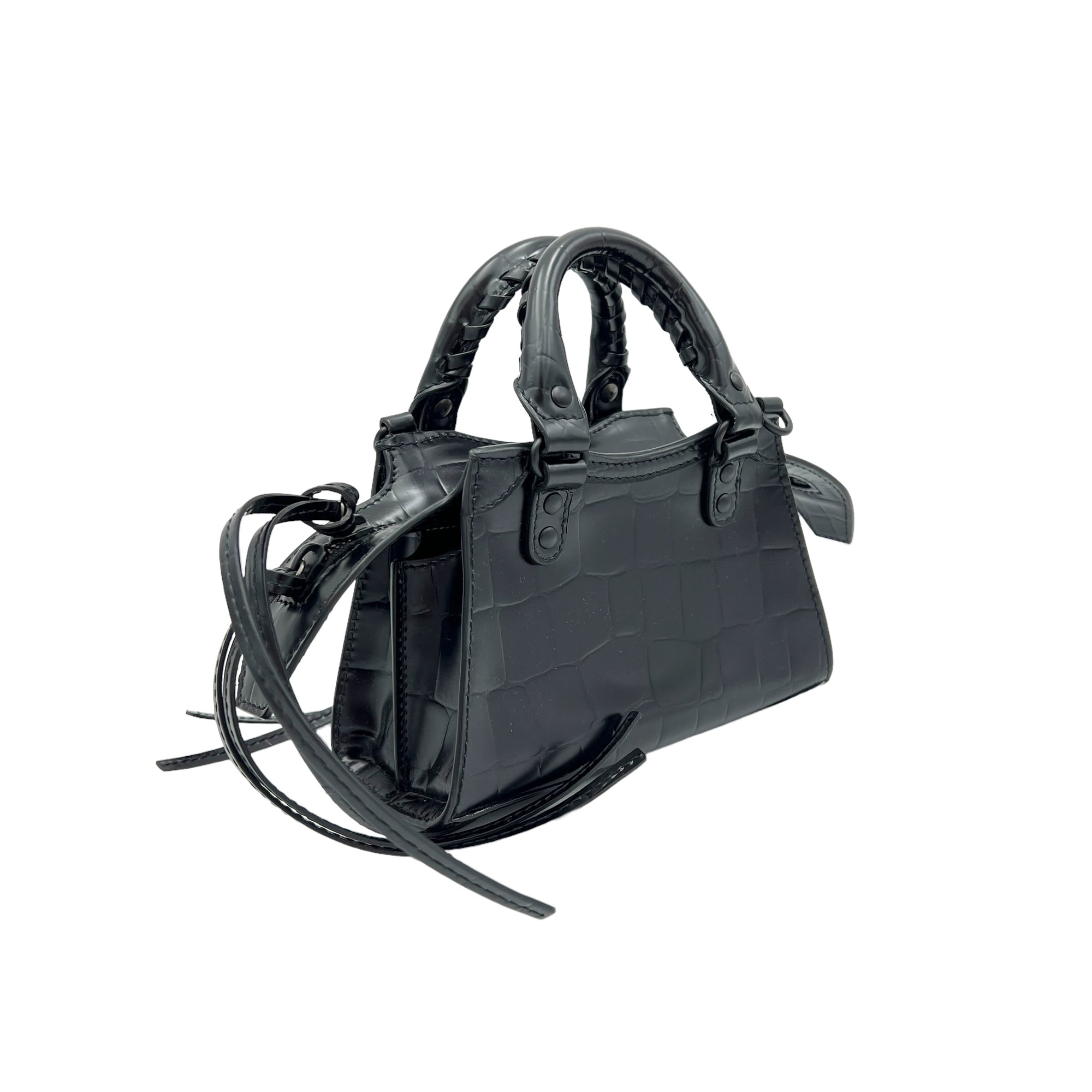 Neo Classic Top Handle Bag Mini Black in Crocodile Embossed Calfskin , Lacquered Metal Hardware