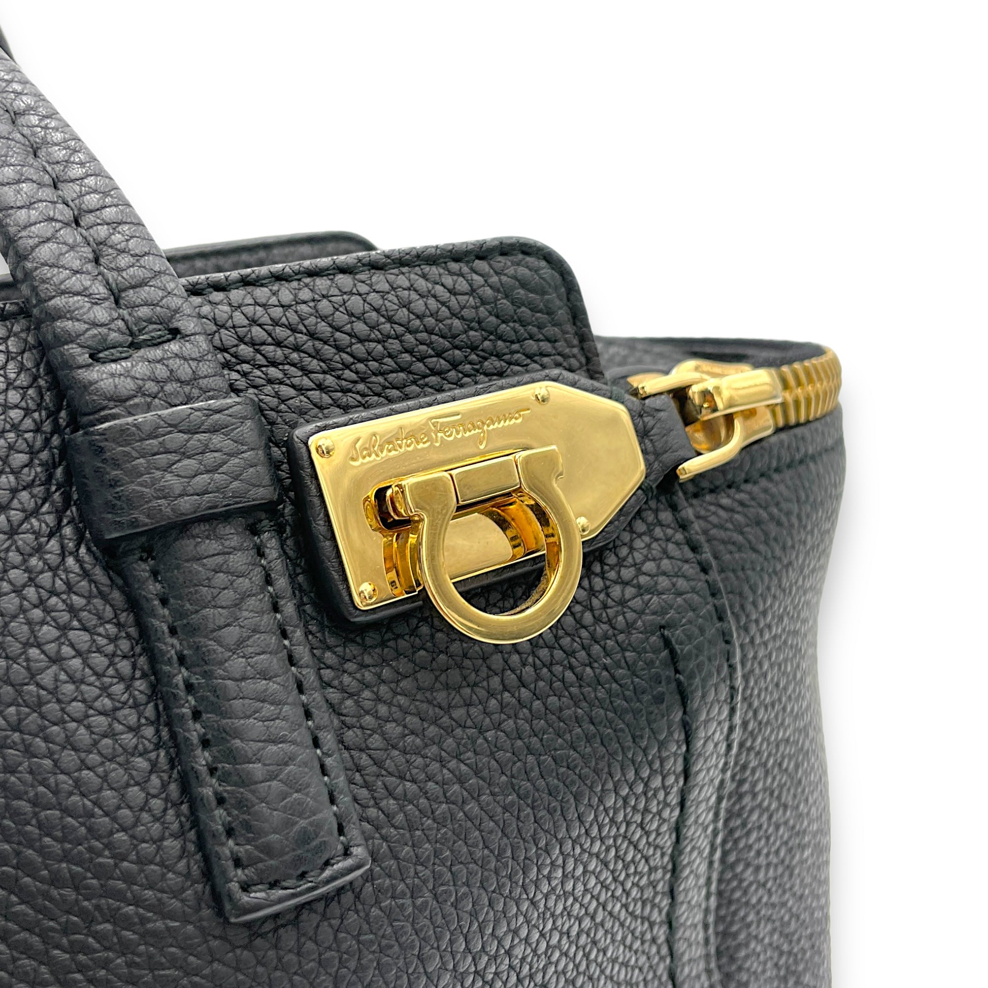 Gancini Top Handle Bag Black in Calfskin, Gold hardware