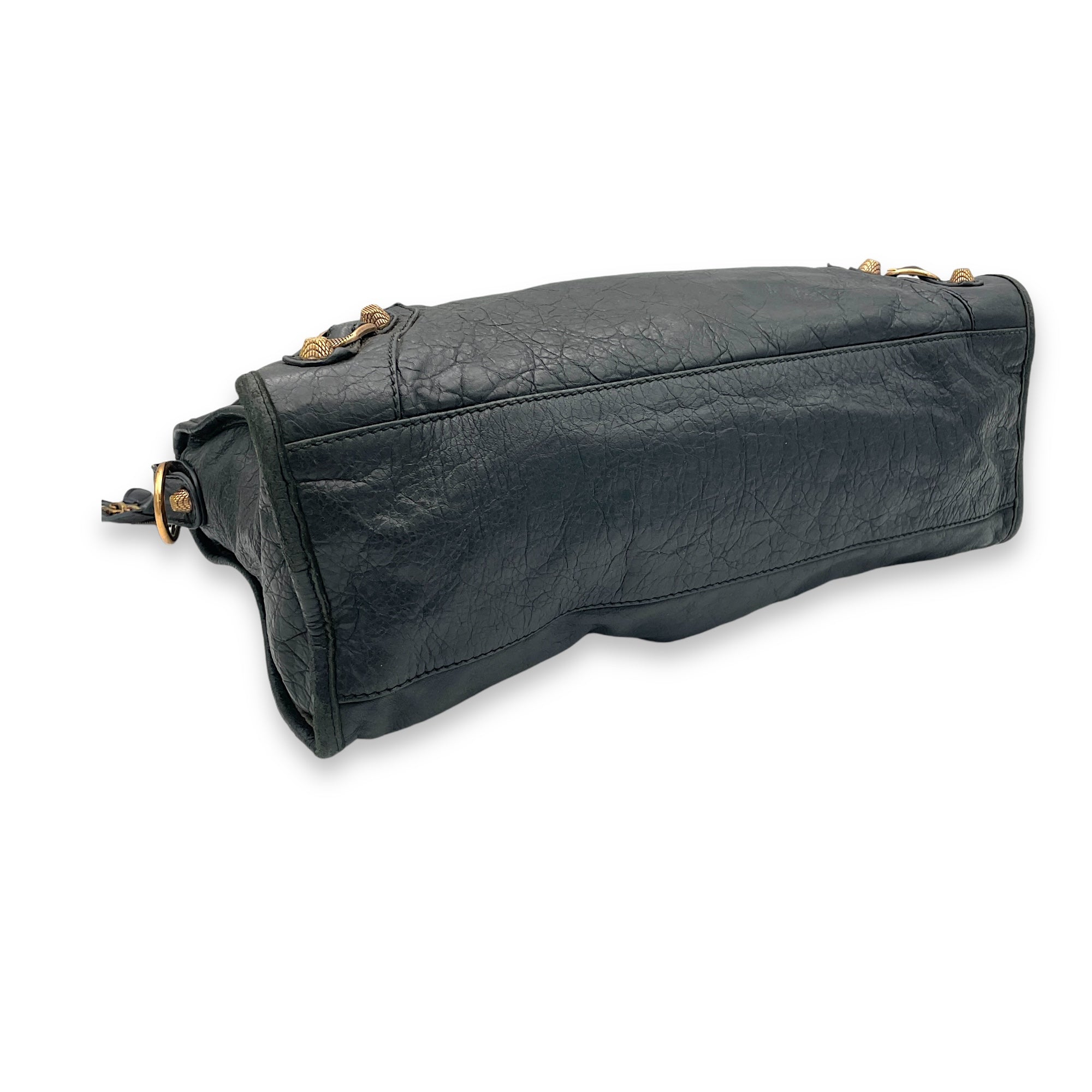 City Medium Dark Grey Shoulder Bag in Distressed Leather, Gold hardware