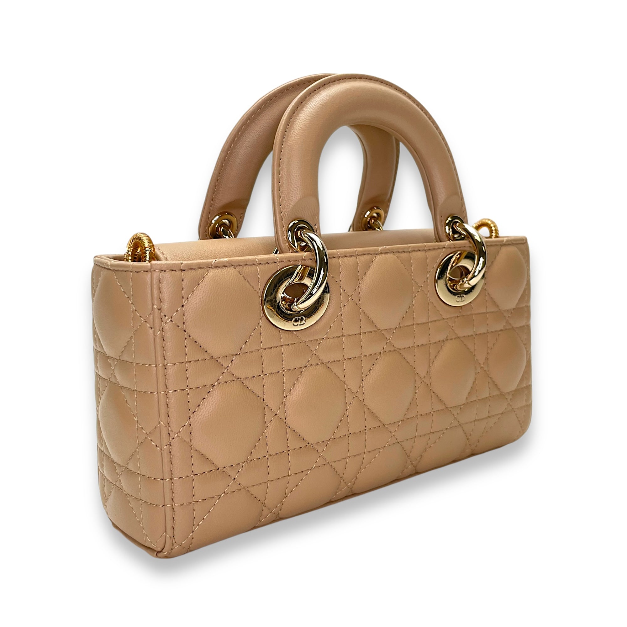 Lady D-Joy Small Beige Top Handle Bag in Lambskin, Gold hardware