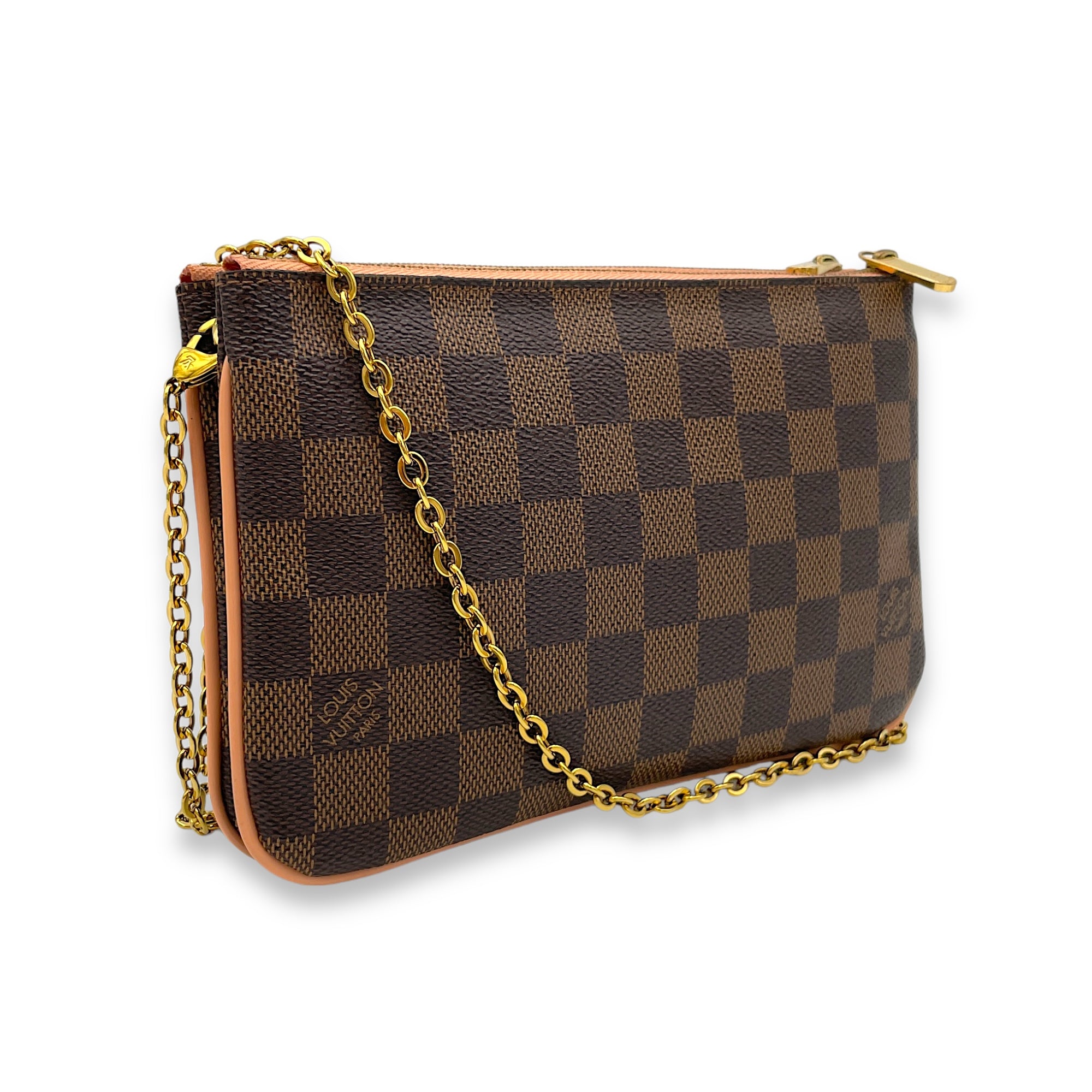 Double Pochette Messenger Crossbody Bag Brown in Coated Canvas, Gold hardware