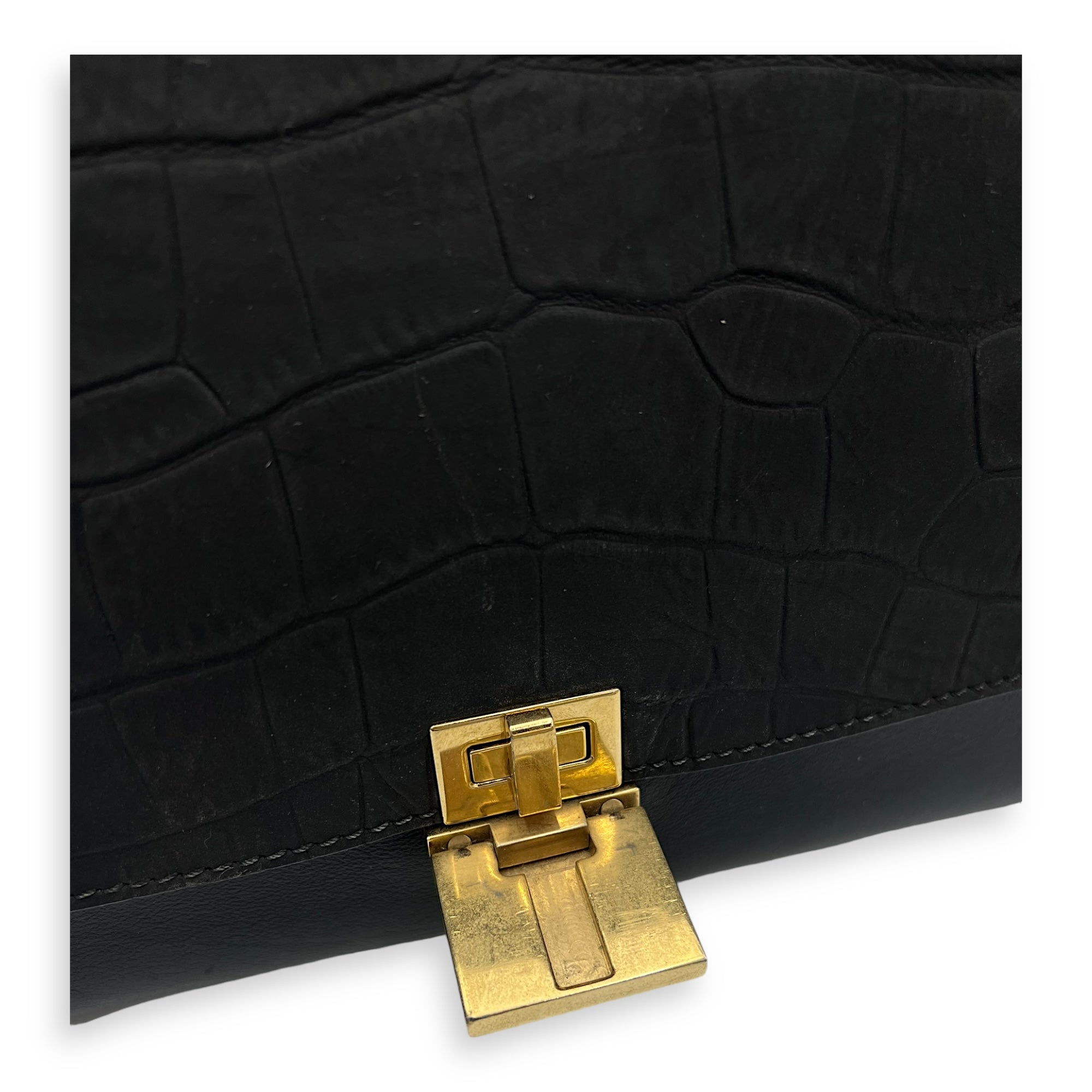 Trapeze Medium Black Top Handle Bag in Calfskin, Gold hardware