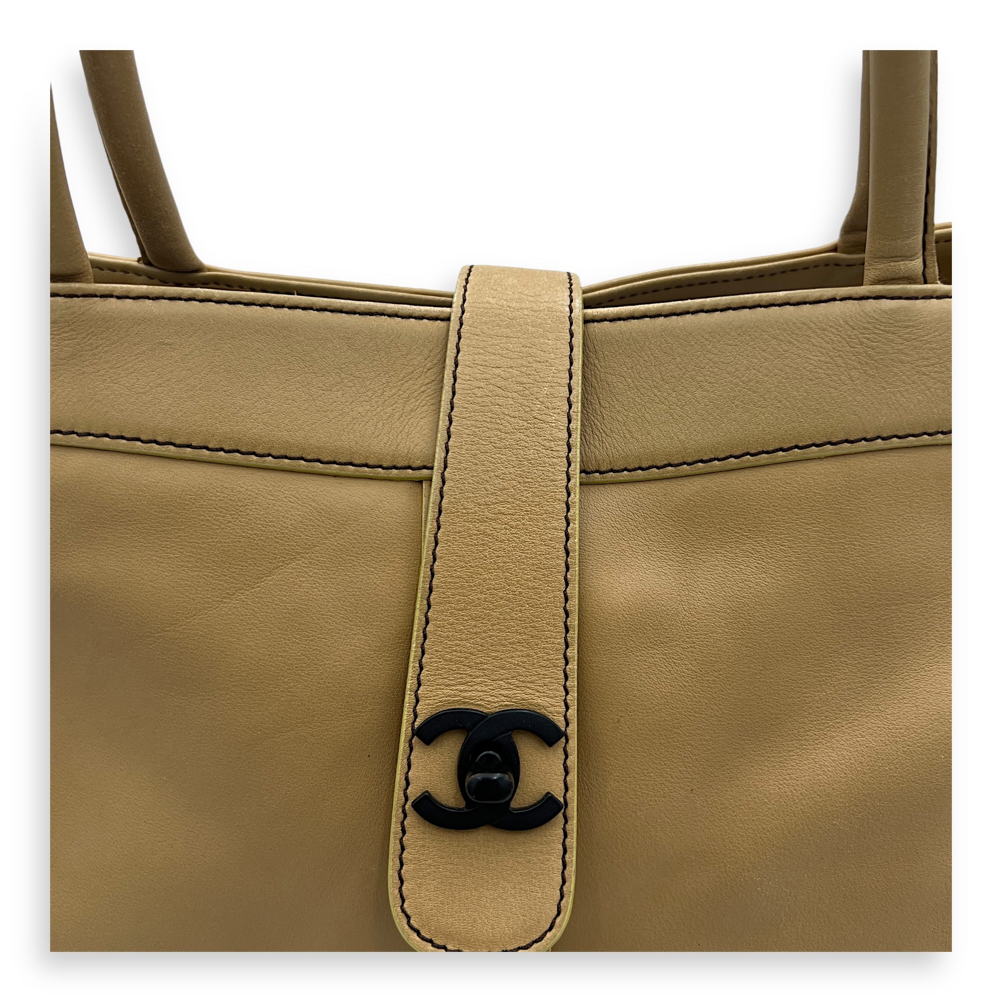 Vintage CC Turnlock Beige Top Handle Bag in Calfskin, Lacquered Metal hardware