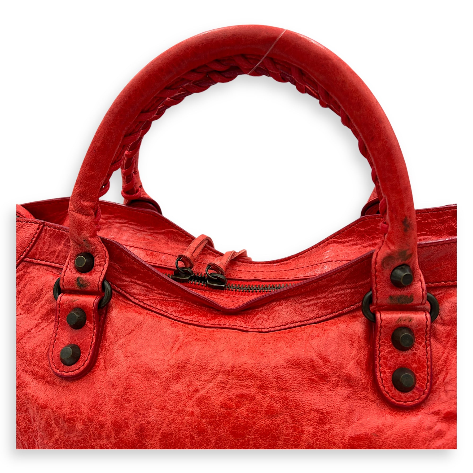 City Top Handle Bag Medium Red in Distressed Leather, Ruthenium hardware