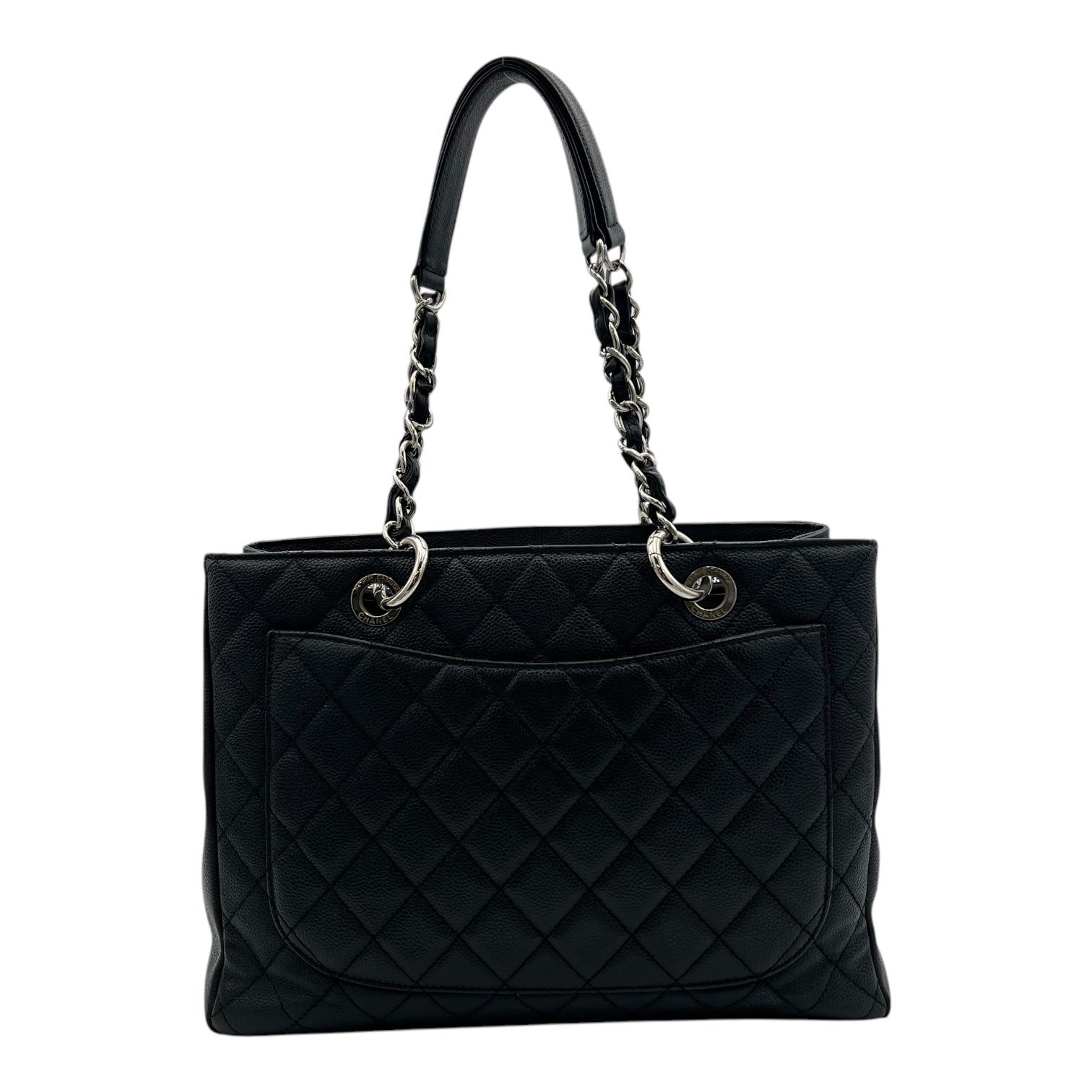 GST Black Tote Bag in Caviar Leather, Silver hardware