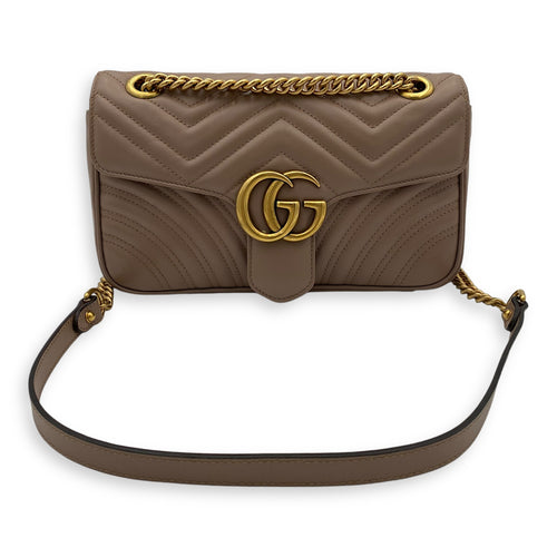 GG Marmont Small Beige Shoulder Bag in Calfskin, Gold hardware