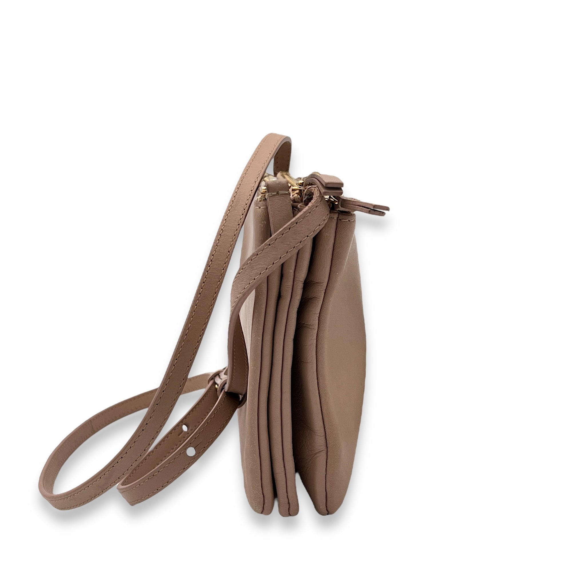 Trio Crossbody Bag Beige in Calfskin, Gold hardware