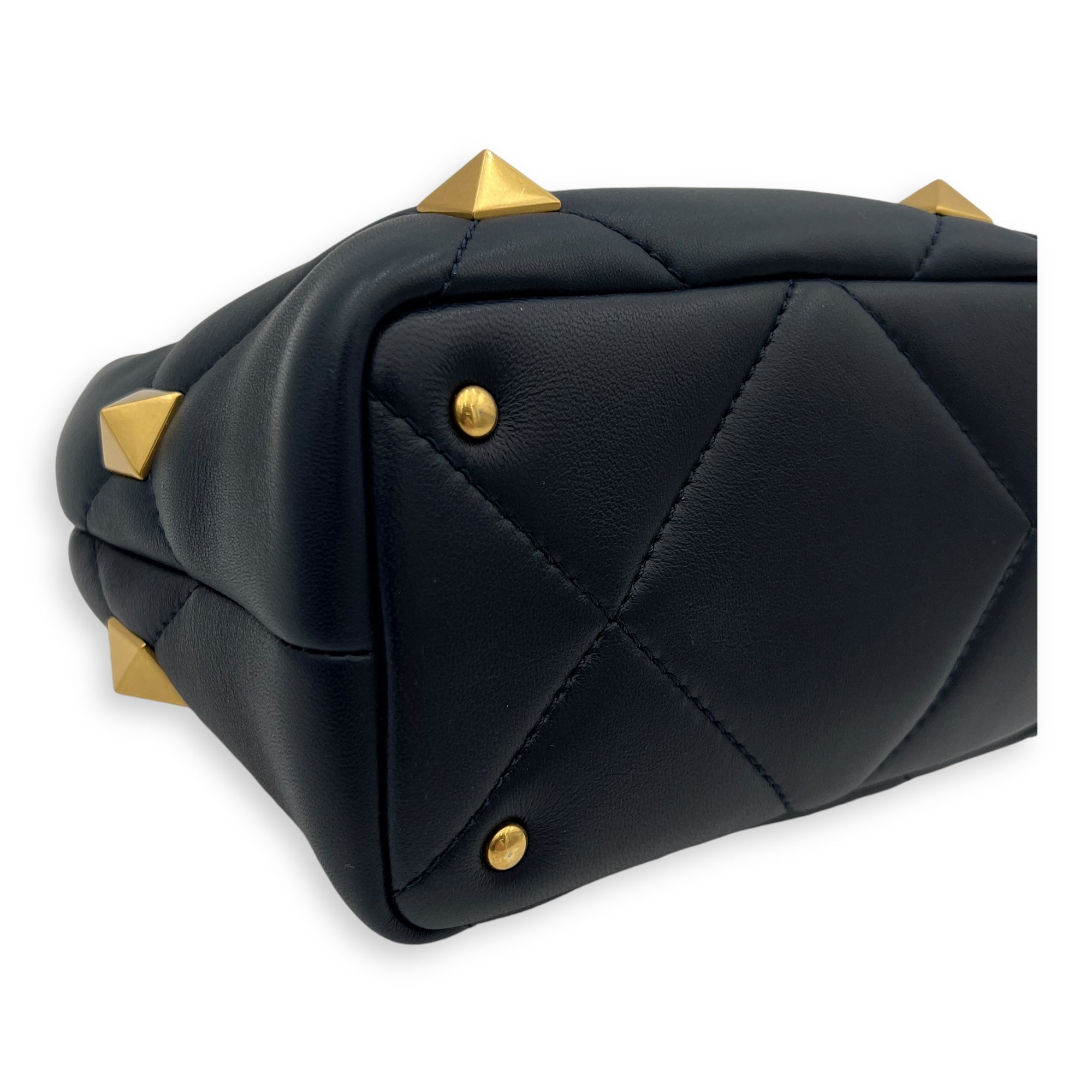 Roman Stud Top Handle Bag Small Navy in Calfskin, Gold hardware