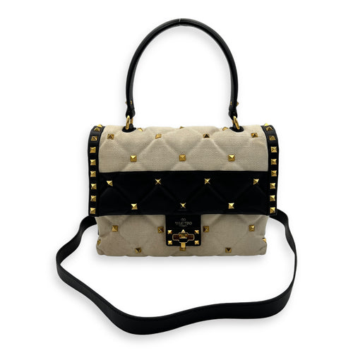 Rockstud White Top Handle Bag in Canvas, Gold hardware