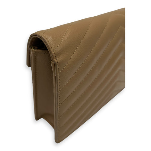 Saint Laurent Cassandre Wallet On Chain Beige in Calfskin, Gold hardware_10