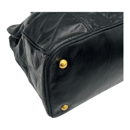 Prada Logo Top Handle Bag Black in Distressed Leather, Gold hardware_9