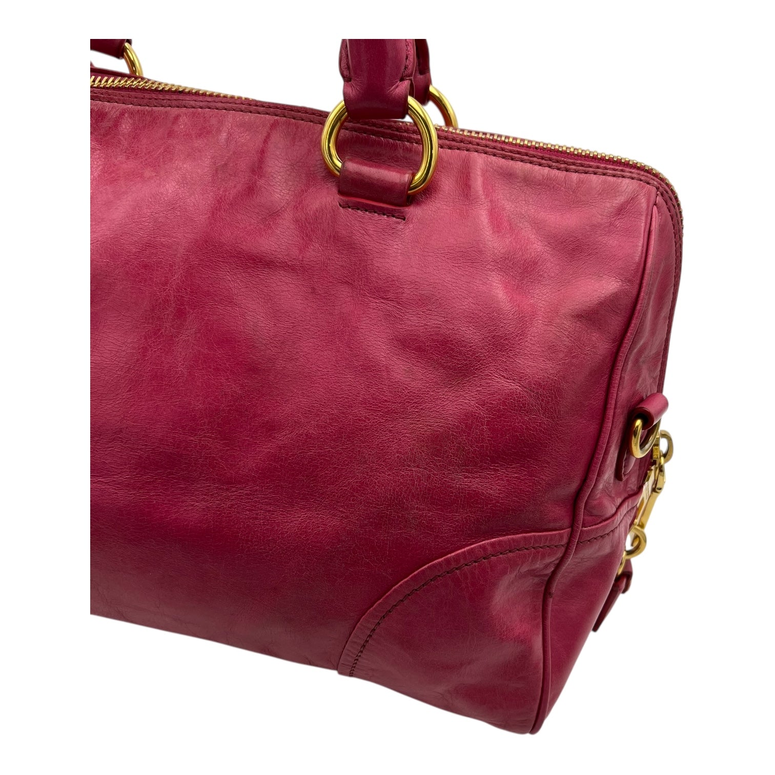 Prada Vitello Shine Top Handle Bag Medium Pink in Calfskin, Gold hardware_14