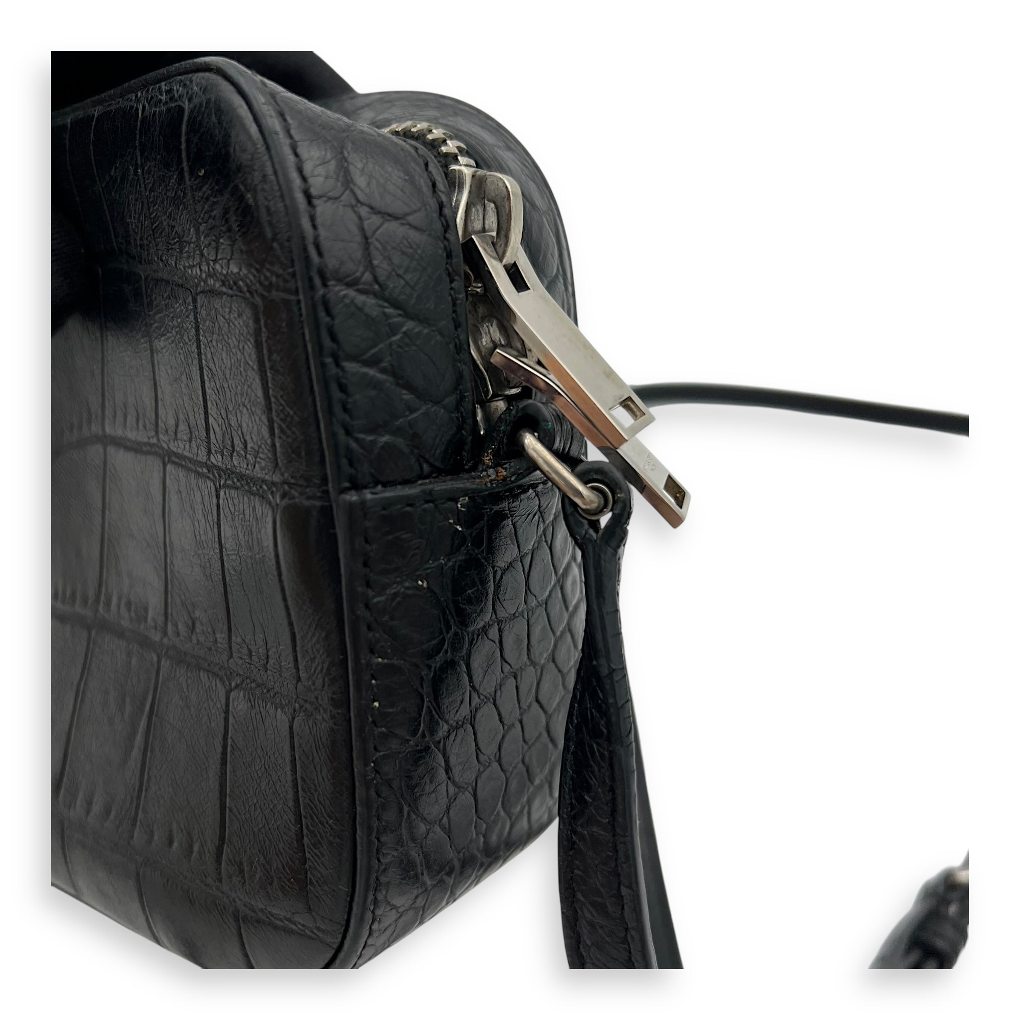 Saint Laurent Camera Crossbody Bag Beige in Crocodile Embossed Calfskin, Silver hardware_8