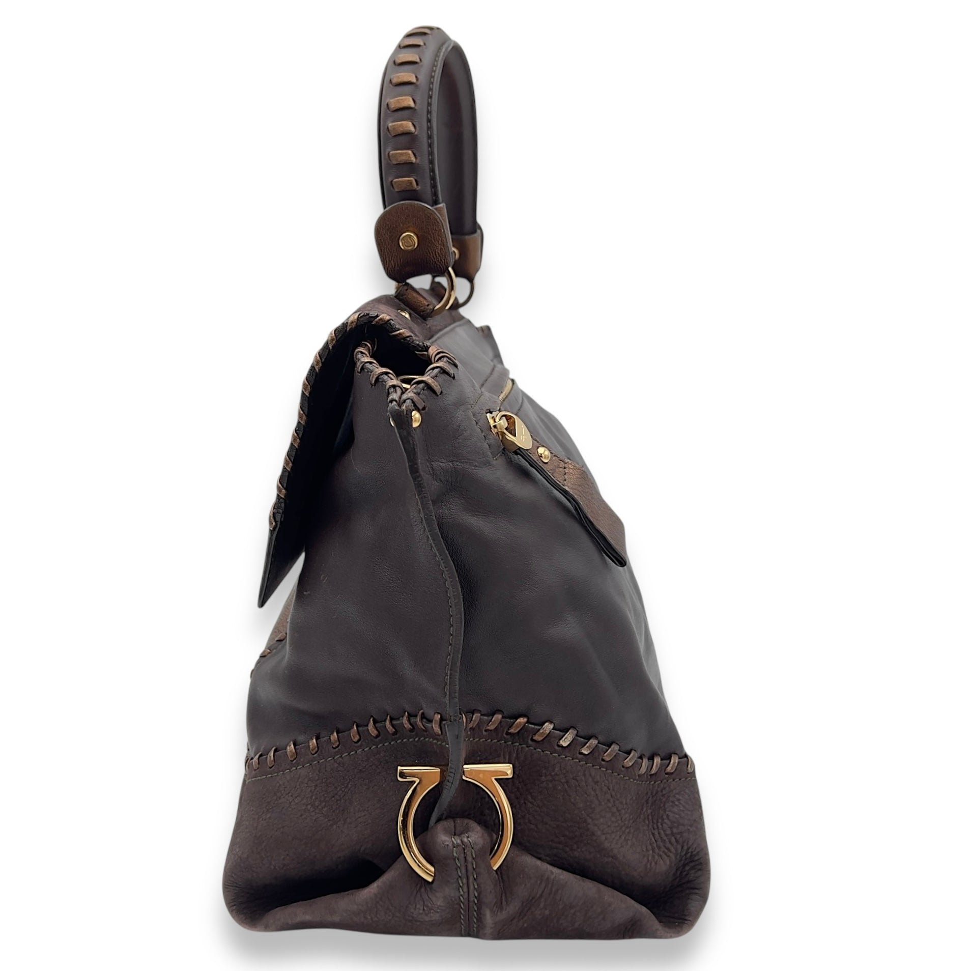 Ferragamo Tote Top Handle Bag Medium Brown in Calfskin, Gold hardware_4