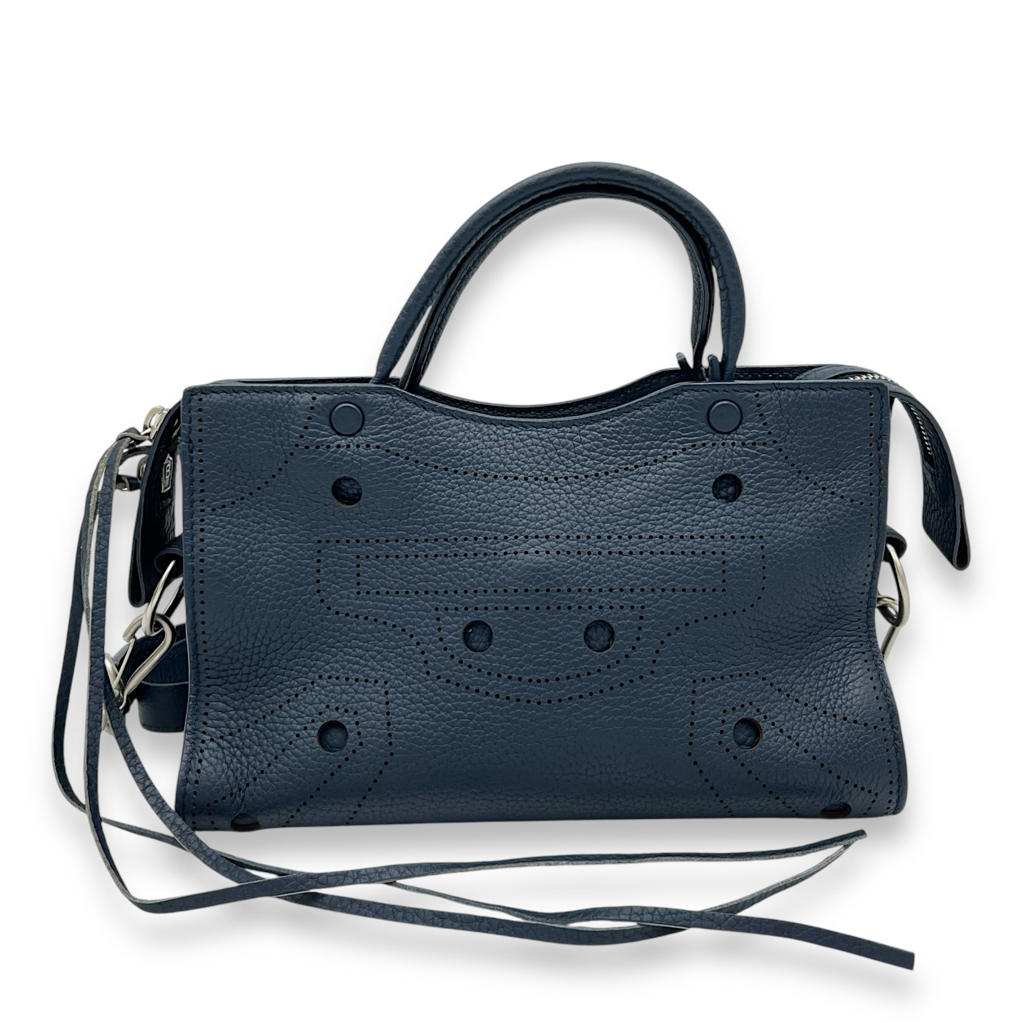 Balenciaga City Blackout Mini Blue Top Handle Bag in Calfskin, Silver hardware_1