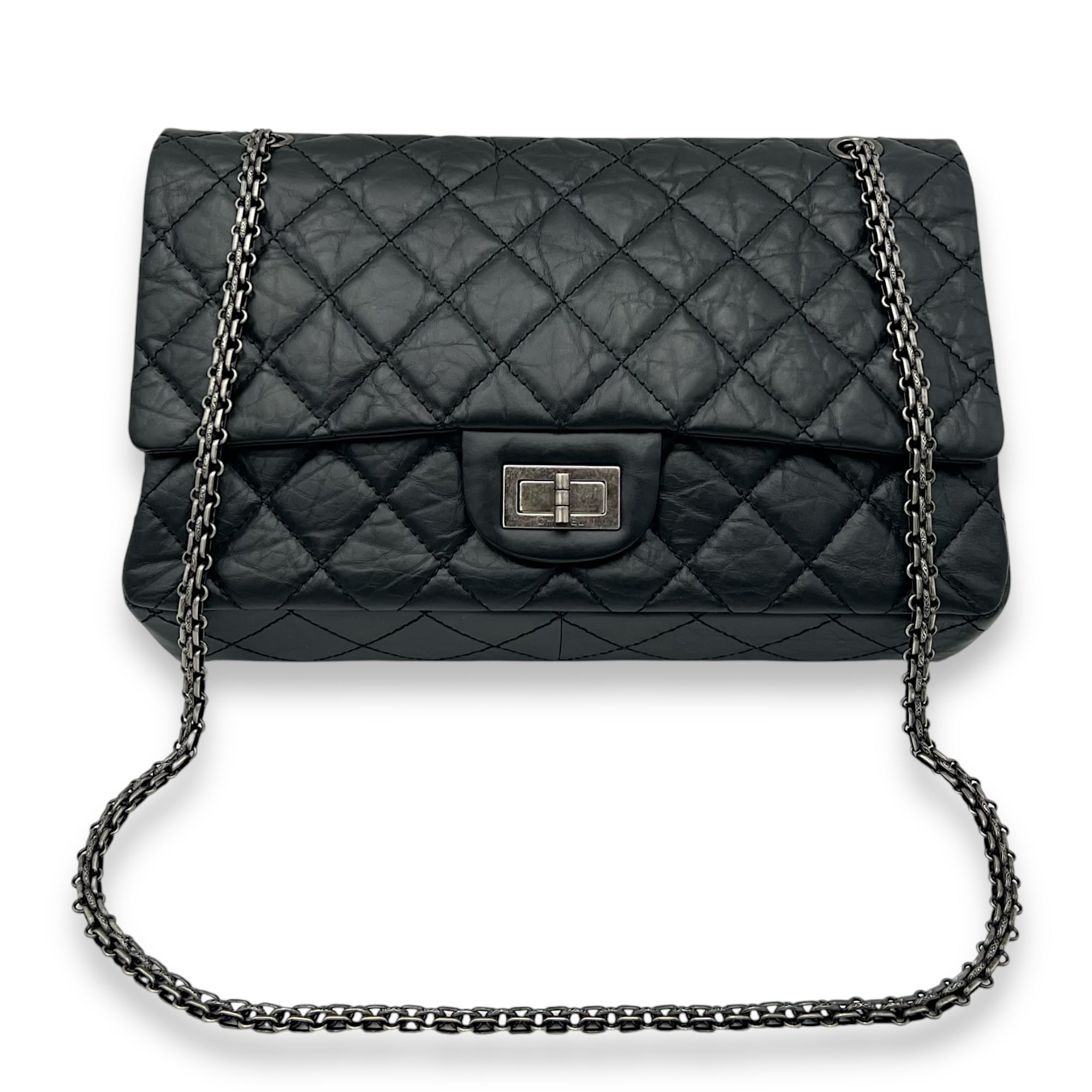 Chanel 2.55 Black Crossbody Bag in Calfskin, Ruthenium hardware_8