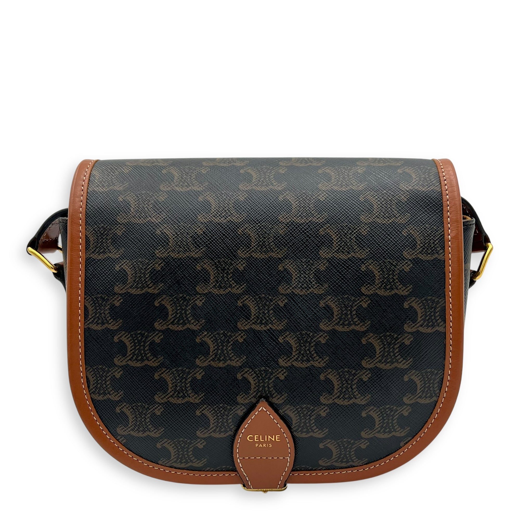 Celine Folco Crossbody Bag Brown in Coated Canvas, Gold hardware_1