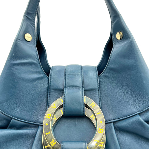 Chandra Hobo Blue Shoulder Bag in Calfskin, Gold hardware