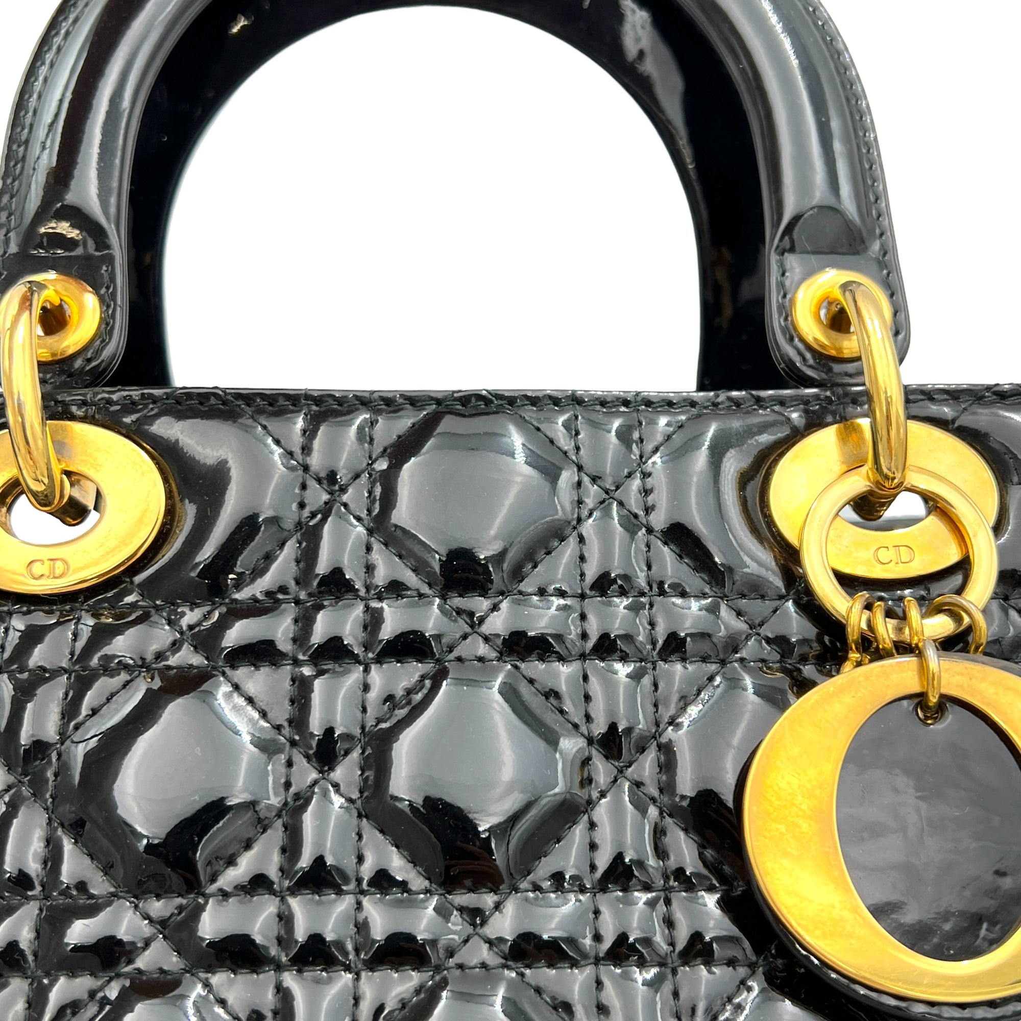 Lady Dior Medium Black Top Handle Bag in Patent Leather, Gold hardware