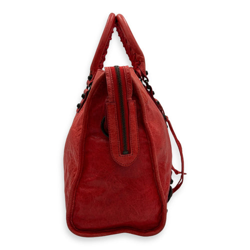 City Top Handle Bag Medium Red in Distressed Leather, Ruthenium hardware