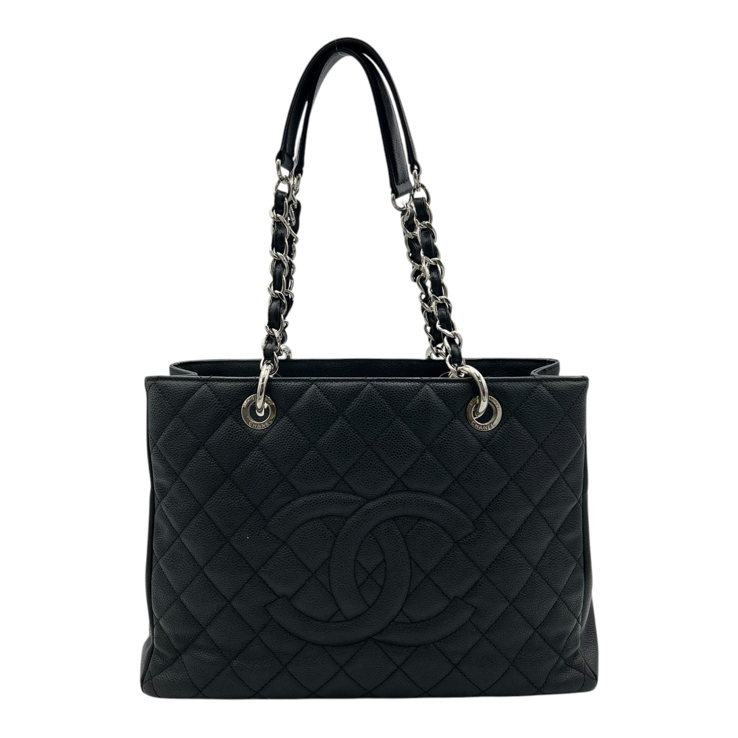 GST Black Tote Bag in Caviar Leather, Silver hardware