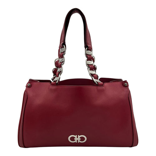 Gancini Red Top Handle Bag in Calfskin, Silver hardware