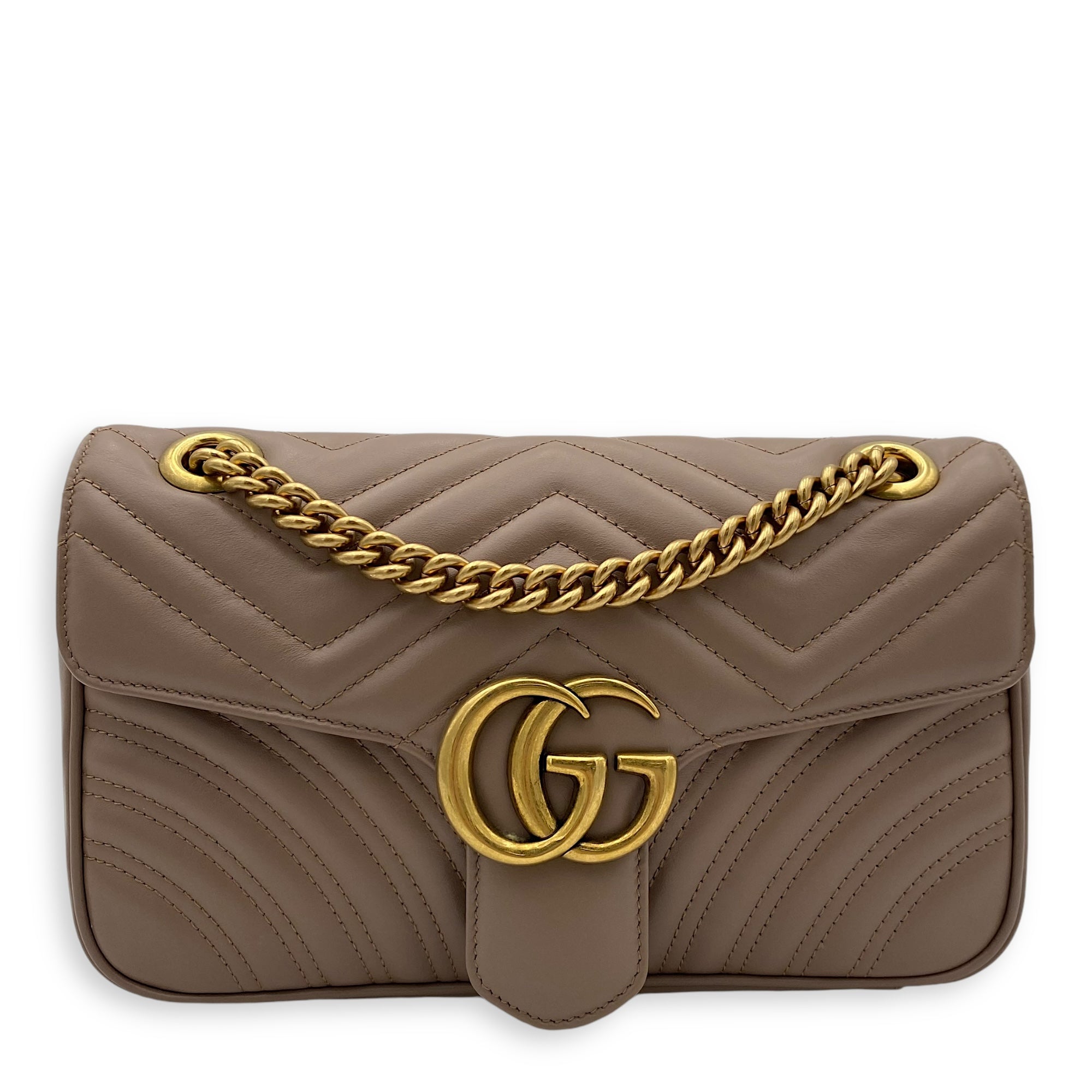 GG Marmont Small Beige Shoulder Bag in Calfskin, Gold hardware