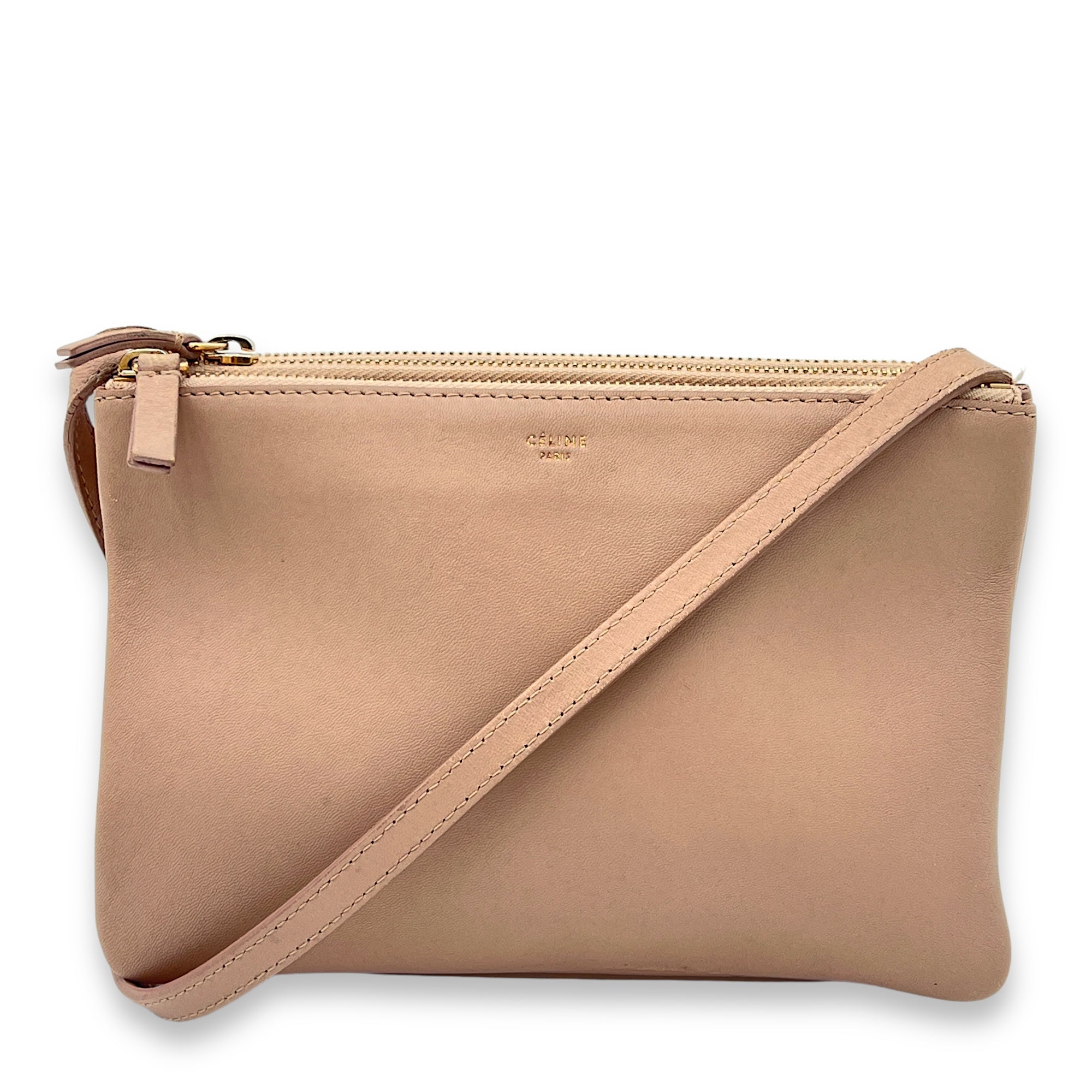 Trio Crossbody Bag Beige in Calfskin, Gold hardware