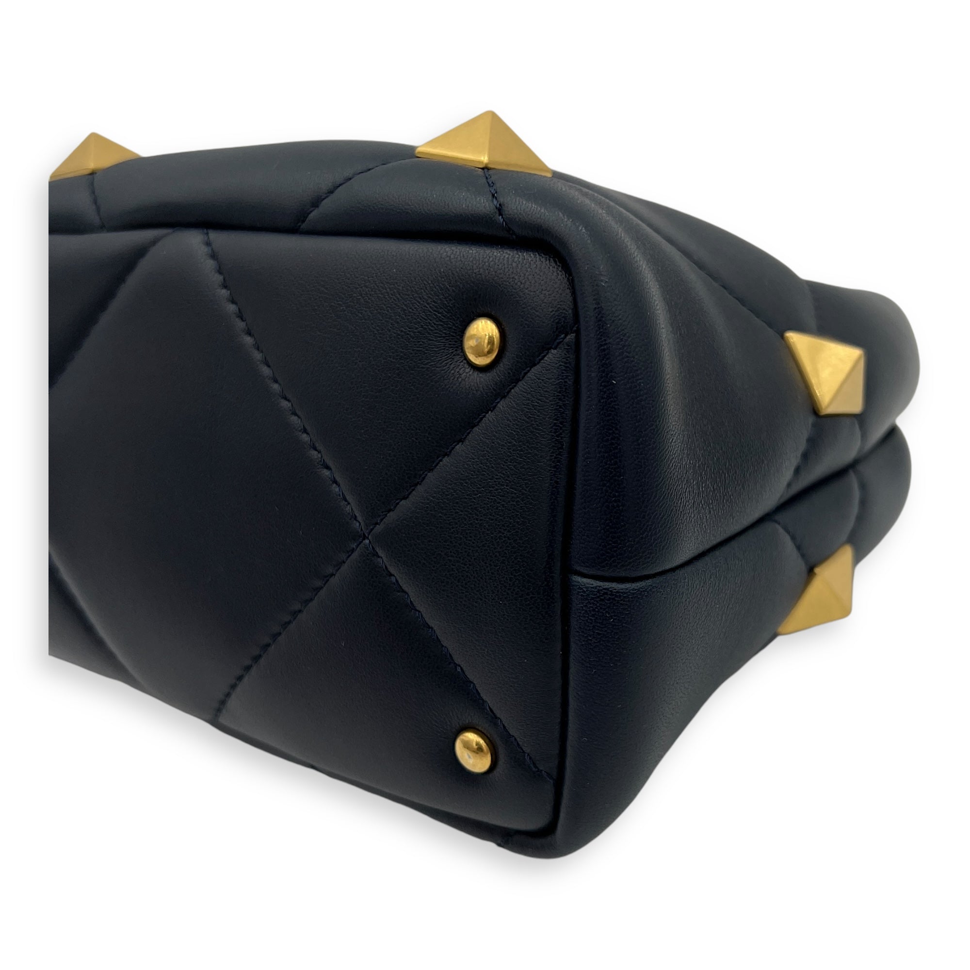 Roman Stud Top Handle Bag Small Navy in Calfskin, Gold hardware