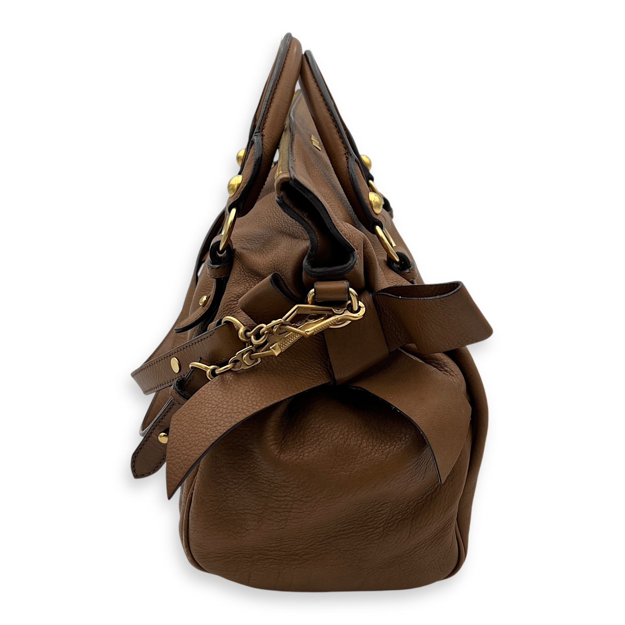 Vitello Bow Shoulder Bag Brown in Calfskin, Gold hardware